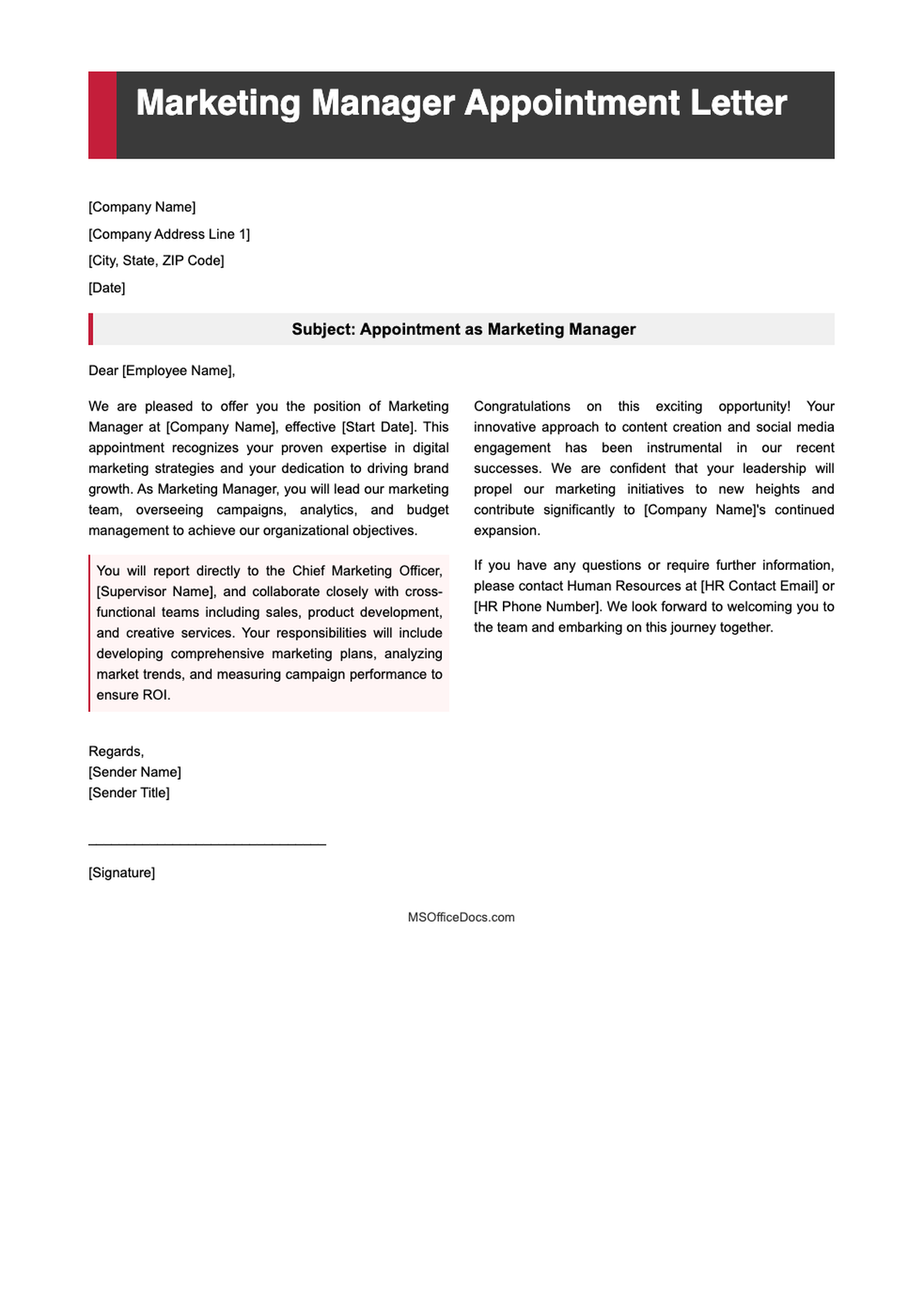 Marketing manager appointment letter template with placeholder fields and HR executive signature_variant_1